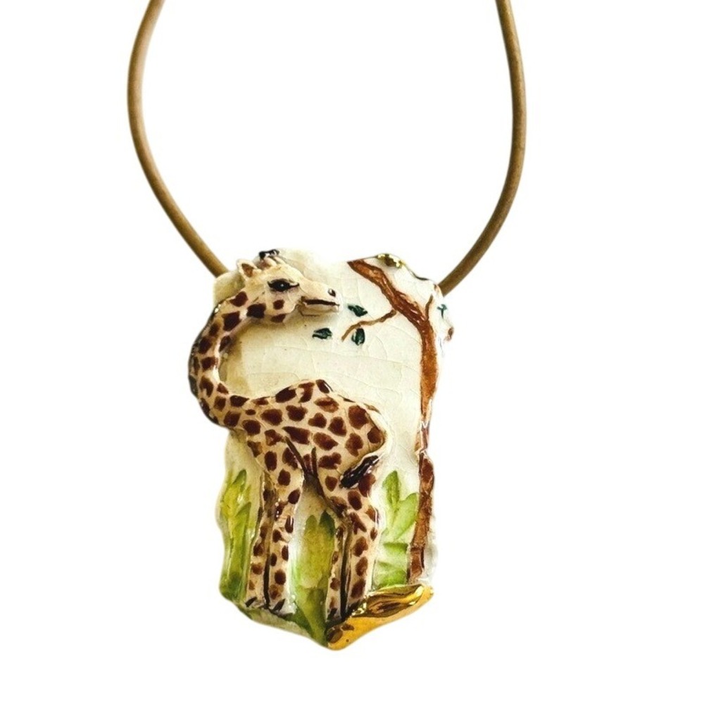 Safari Giraffe Necklace VTG chord Artisan Ceramic Collar Statement Rare‎ 18"L